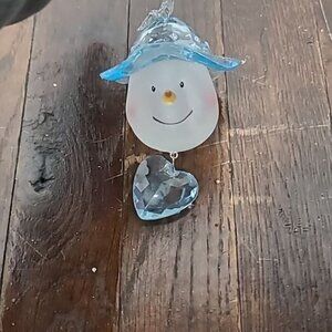 Porcelain Snowman Blue Hat Blue Heart Hanging Christmas Tree Ornament